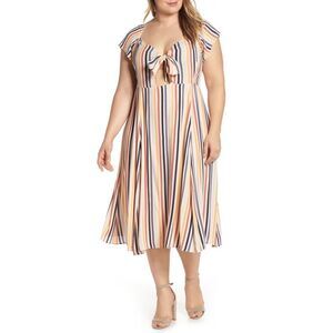 Leith‎ Beige Large Colorful Stripe Midi Dress Bow Cut Out Brunch Weekend Elastic